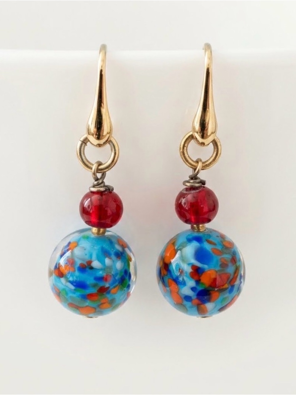NWT Murano Glass Blue Multicolor and Red Bead 18K Gold Hook Earrings